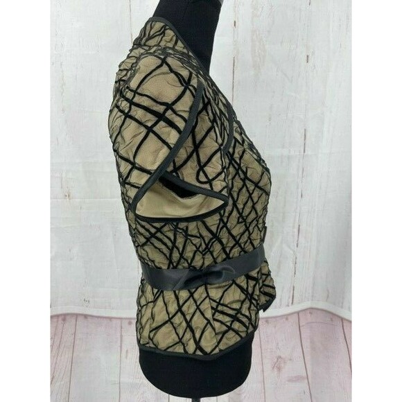 JS Collection Womens Blouse Size 10 Beige Black Button Front Black Ribbon Belt - Picture 3 of 5